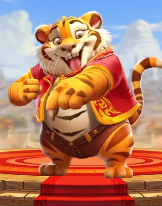 Mascote tigre do jogo Fortune Tiger (Tigrinho), personagem em pé sobre um tapete vermelho de cassino